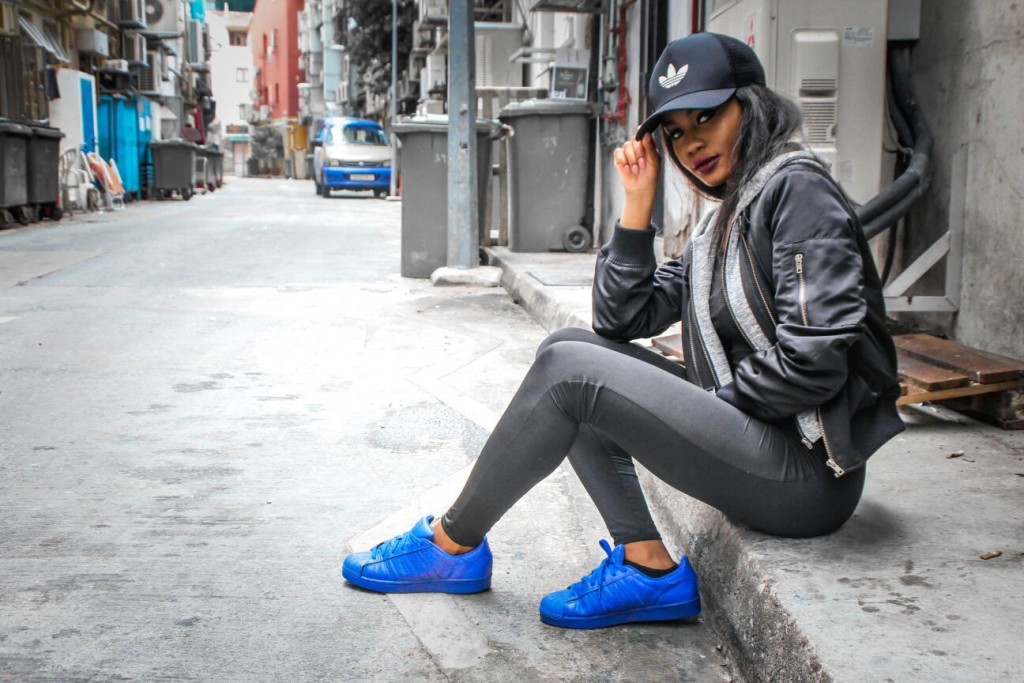 Billykiss Azeez - Your Favourite Muse -Urban Outfit - Fashionnova Black Jumpsuit, Fashionnova Black bomber jacket, adidas cap, adidas blue supercolor sneakers