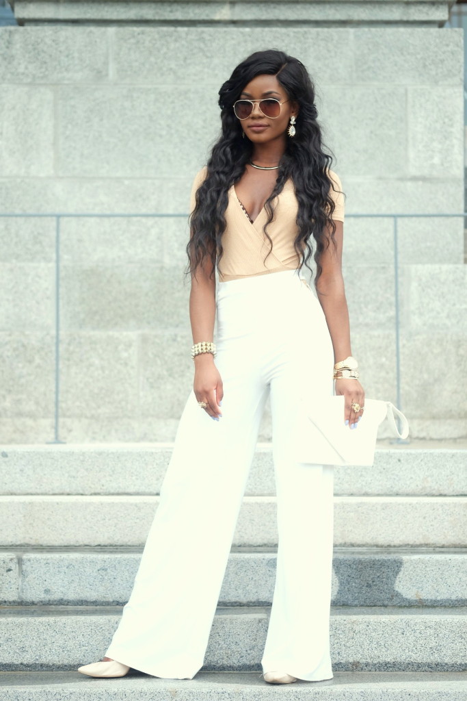Billykiss Azeez - Your Favourite Muse - Classy Outfit - Nude Bodysuit with white flared pants and nude heels. Forever21, Pretty Little Things, Misguided. Fashion Blogger - Irish Nigerian.