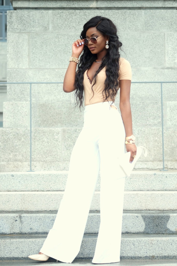 Billykiss Azeez - Your Favourite Muse - Classy Outfit - Nude Bodysuit with white flared pants and nude heels. Forever21, Pretty Little Things, Misguided. Fashion Blogger - Irish Nigerian.